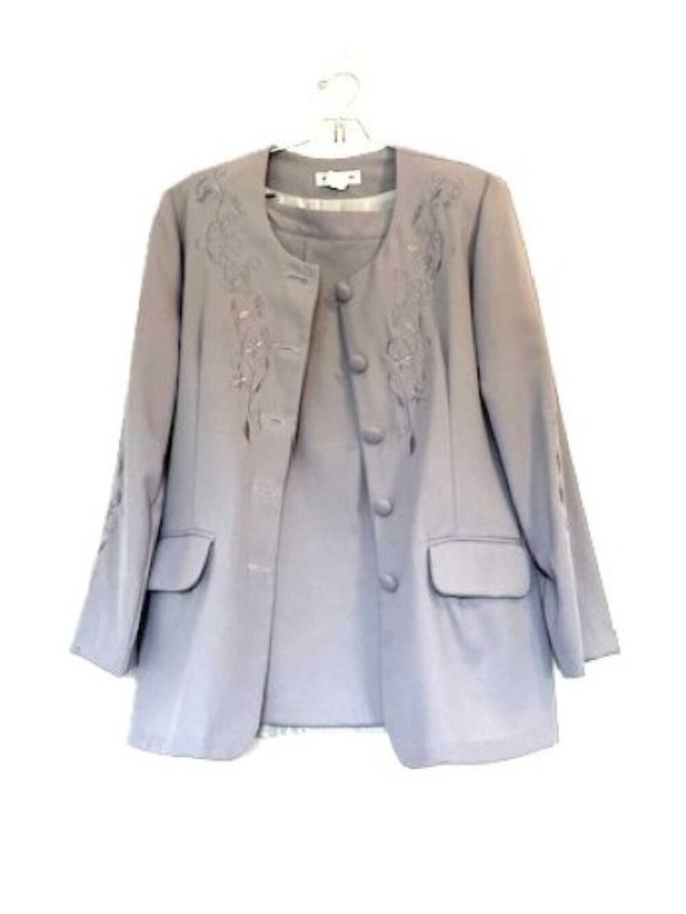 Vintage Lew Magram Gray Suit with Jacket and Skirt (Embroidery Floral Design)